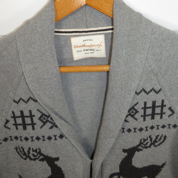 Weatherproof Vintage Gray Mens M Cotton Reindeer Christmas Cardigan Shawl Neck - Picture 3 of 4